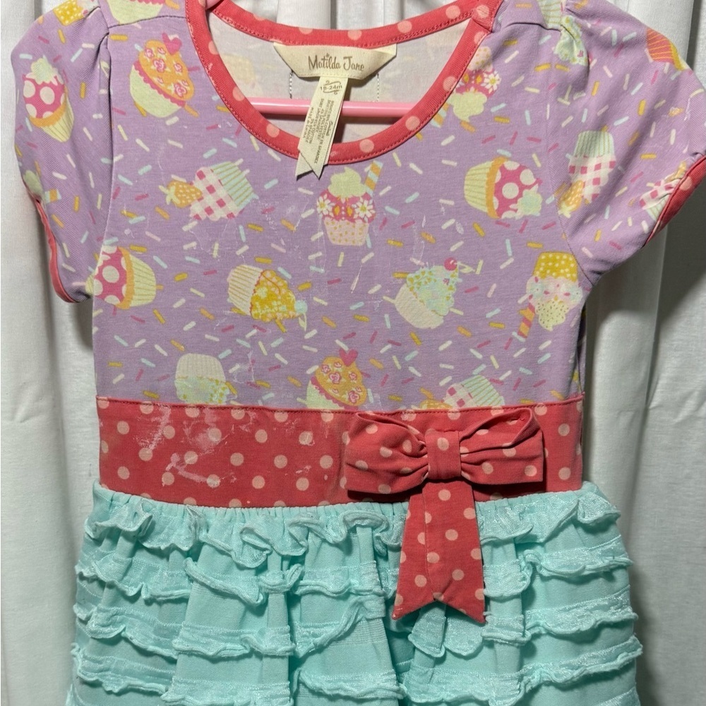Matilda Jane Lavender Cupcake Print Dress with Coral Trim